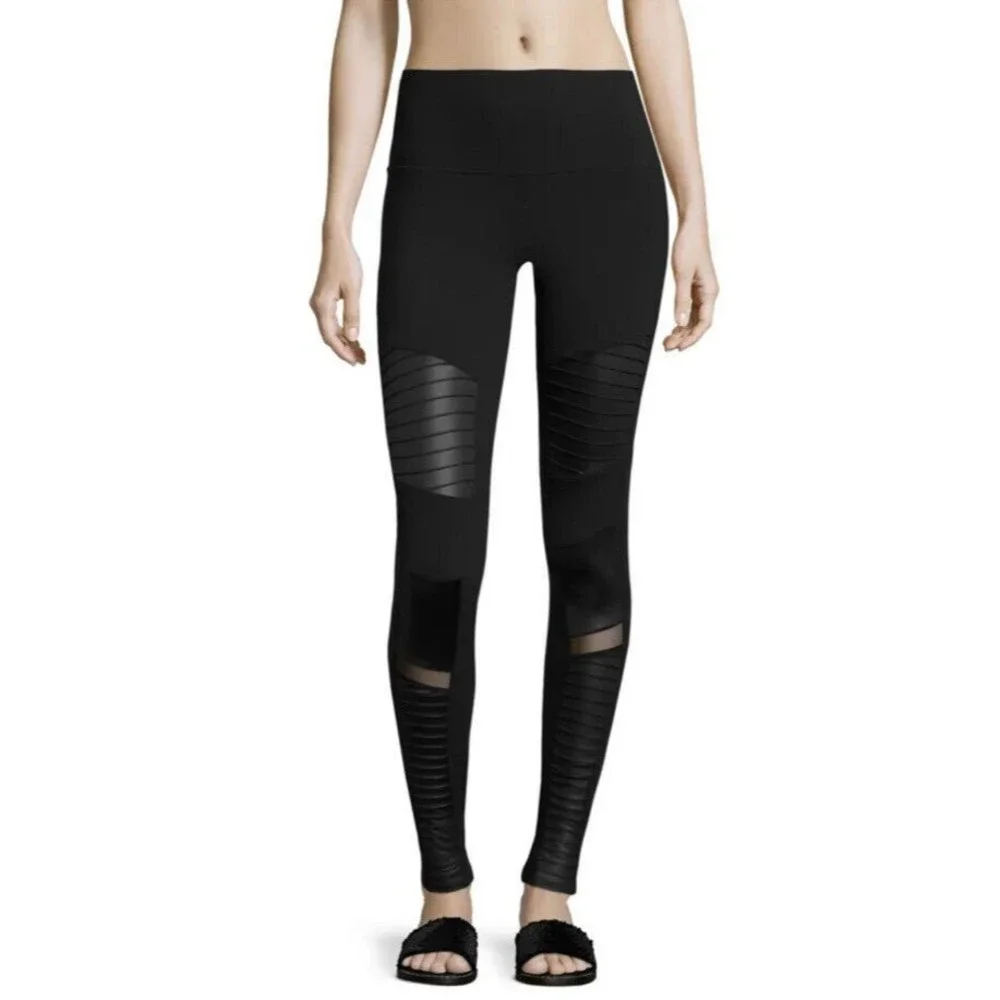 Alo Yoga High-Waist Moto Legging Size S Black Glossy Faux Leather Mesh Panels